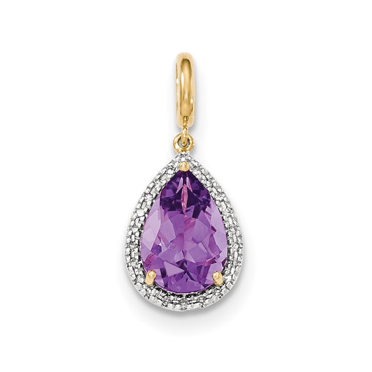 14K Yellow Gold Amethyst w/Real Diamond Halo Pendant