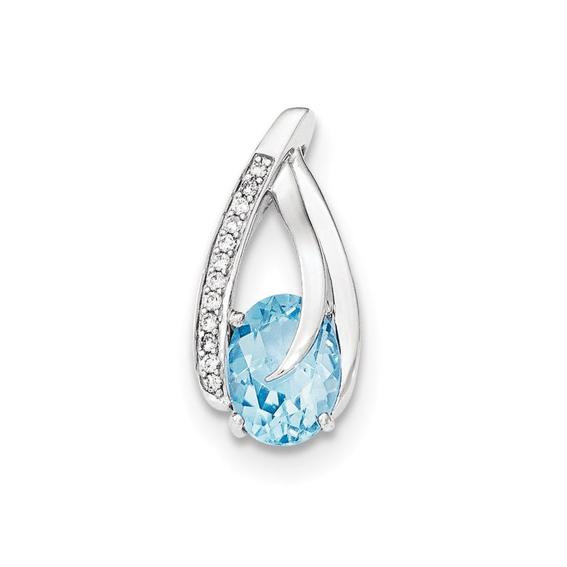 14K White Gold Real Diamond & Blue Topaz Chain Slide Pendant