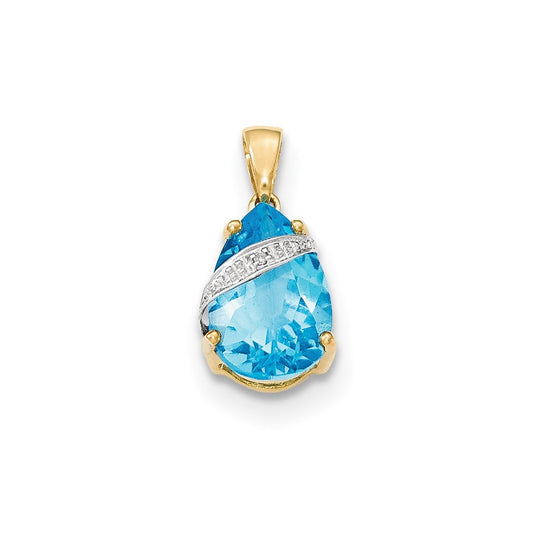 14k Yellow Gold Blue Topaz and Real Diamond Pendant
