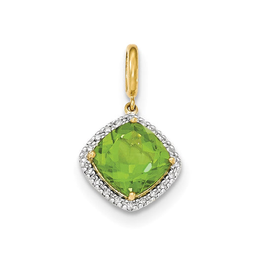 14K Yellow Gold Peridot w/Real Diamond Halo Pendant