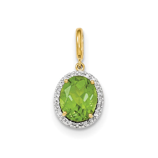14K Yellow Gold Peridot w/Real Diamond Halo Pendant