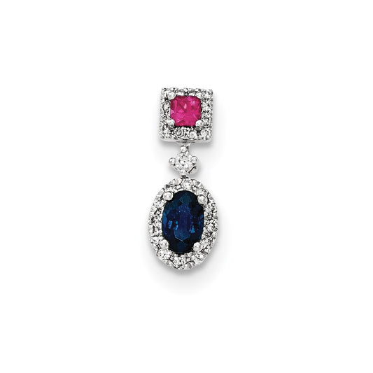 14k White Gold Diamond Sapphire & Ruby Pendant