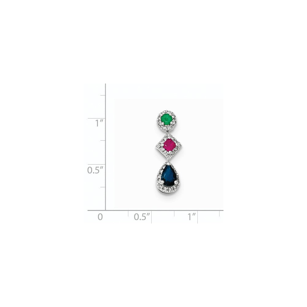 14k White Gold Diamond Sapphire Emerald & Ruby Pendant