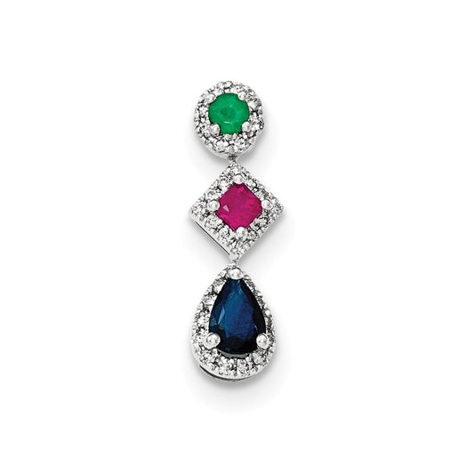 14k White Gold Diamond Sapphire Emerald & Ruby Pendant