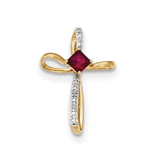 14k Yellow Gold Lab Created Ruby and Real Diamond Cross Pendant