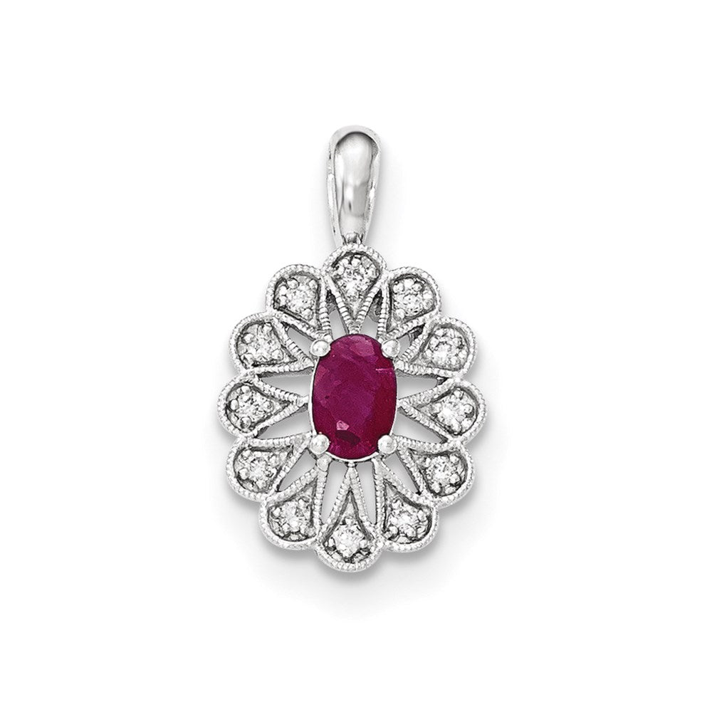 14K White Gold Real Diamond and Ruby Pendant