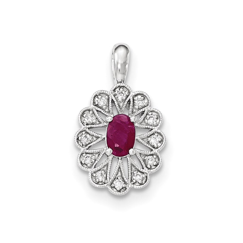 14K White Gold Real Diamond and Ruby Pendant