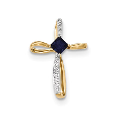 14k Yellow Gold Lab Created Sapp and Real Diamond Cross Pendant