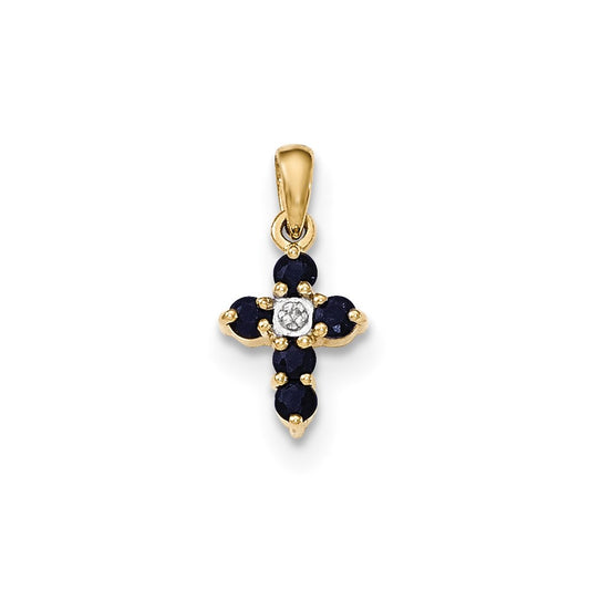 14k Yellow Gold Sapphire and Real Diamond Cross Pendant