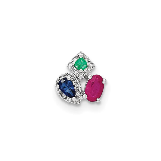 14k White Gold Diamond Sapphire Emerald & Ruby Pendant