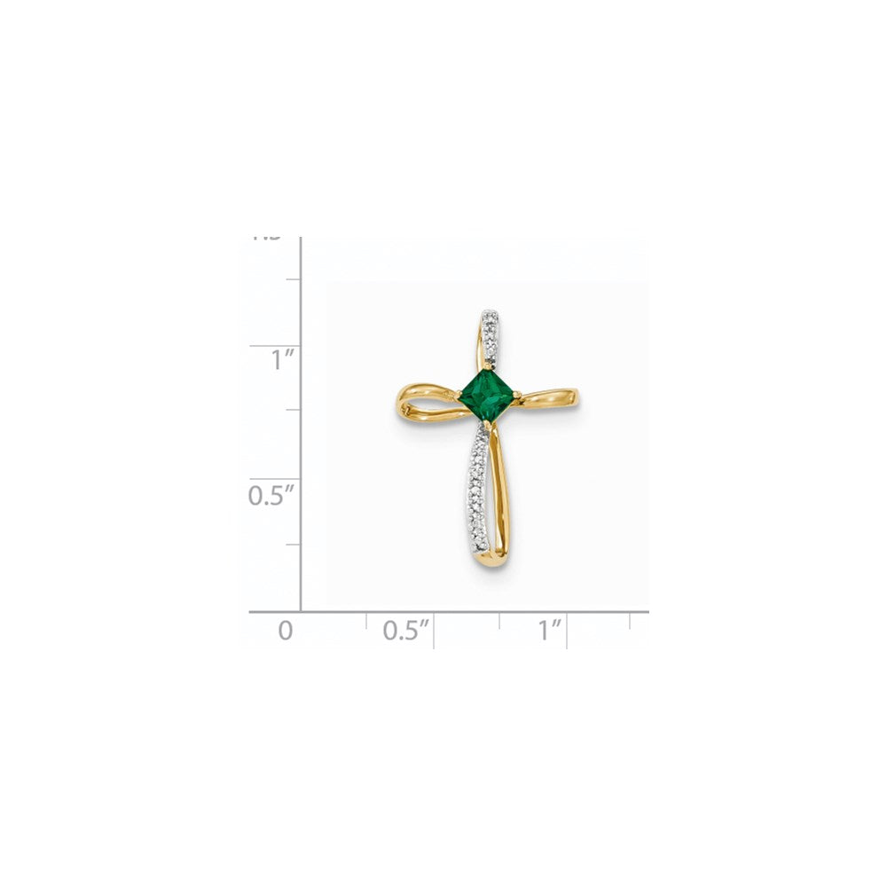 14k Yellow Gold Lab Created Emerald and Real Diamond Cross Pendant