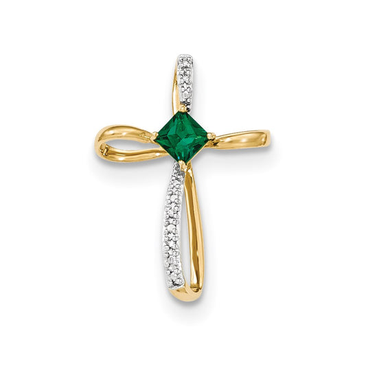 14k Yellow Gold Lab Created Emerald and Real Diamond Cross Pendant