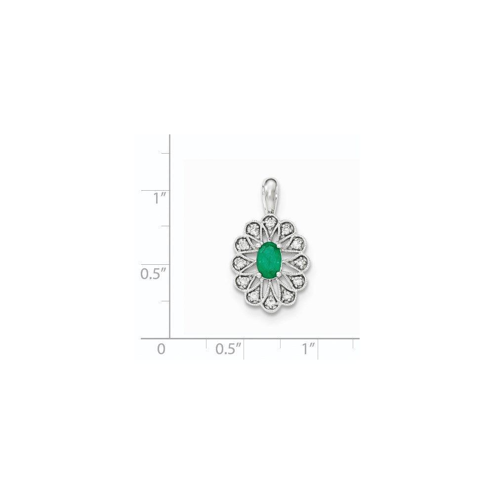 14K White Gold Real Diamond and Emerald Pendant