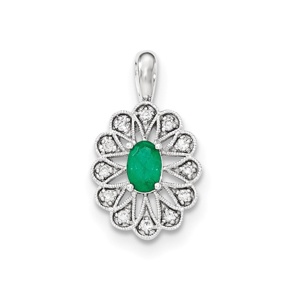 14K White Gold Real Diamond and Emerald Pendant