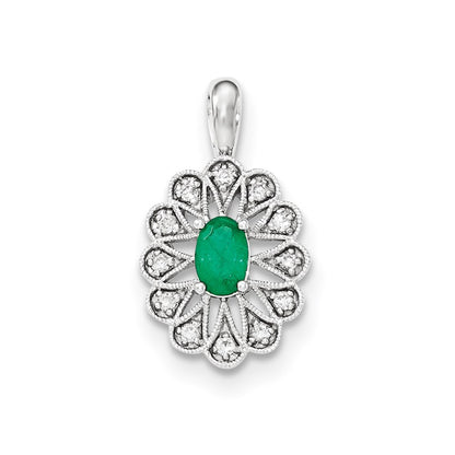 14K White Gold Real Diamond and Emerald Pendant