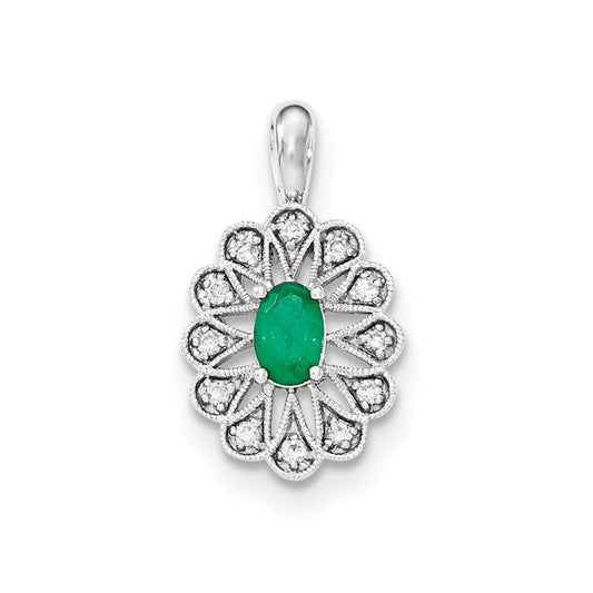 14K White Gold Real Diamond and Emerald Pendant