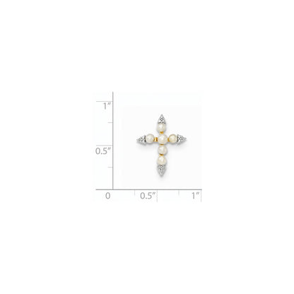 14K Yellow Gold FW Cultured Button Pearl and Real Diamond Cross Pendant