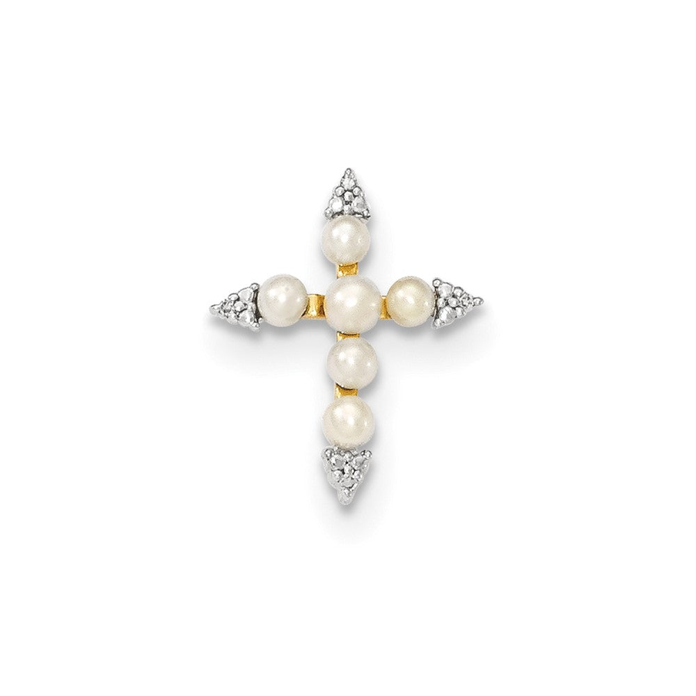 14K Yellow Gold FW Cultured Button Pearl and Real Diamond Cross Pendant
