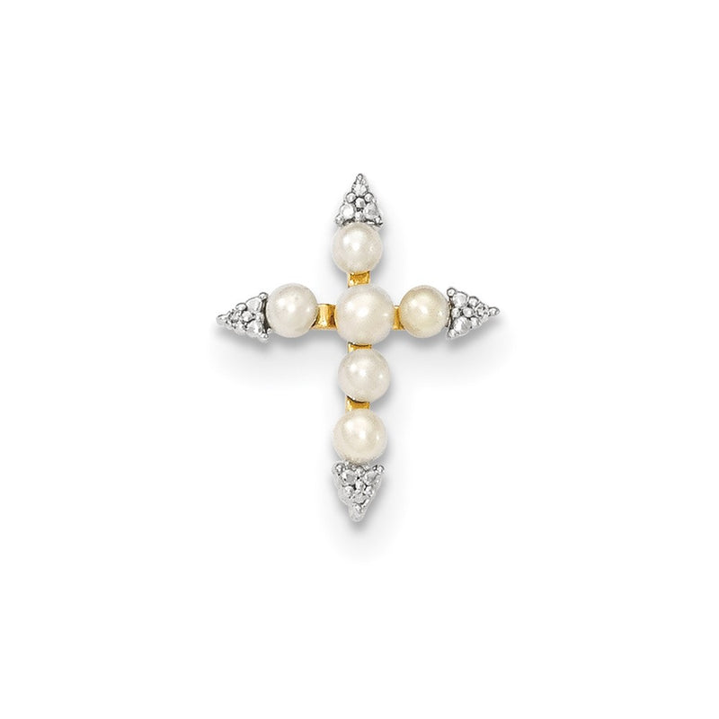 14K Yellow Gold FW Cultured Button Pearl and Real Diamond Cross Pendant