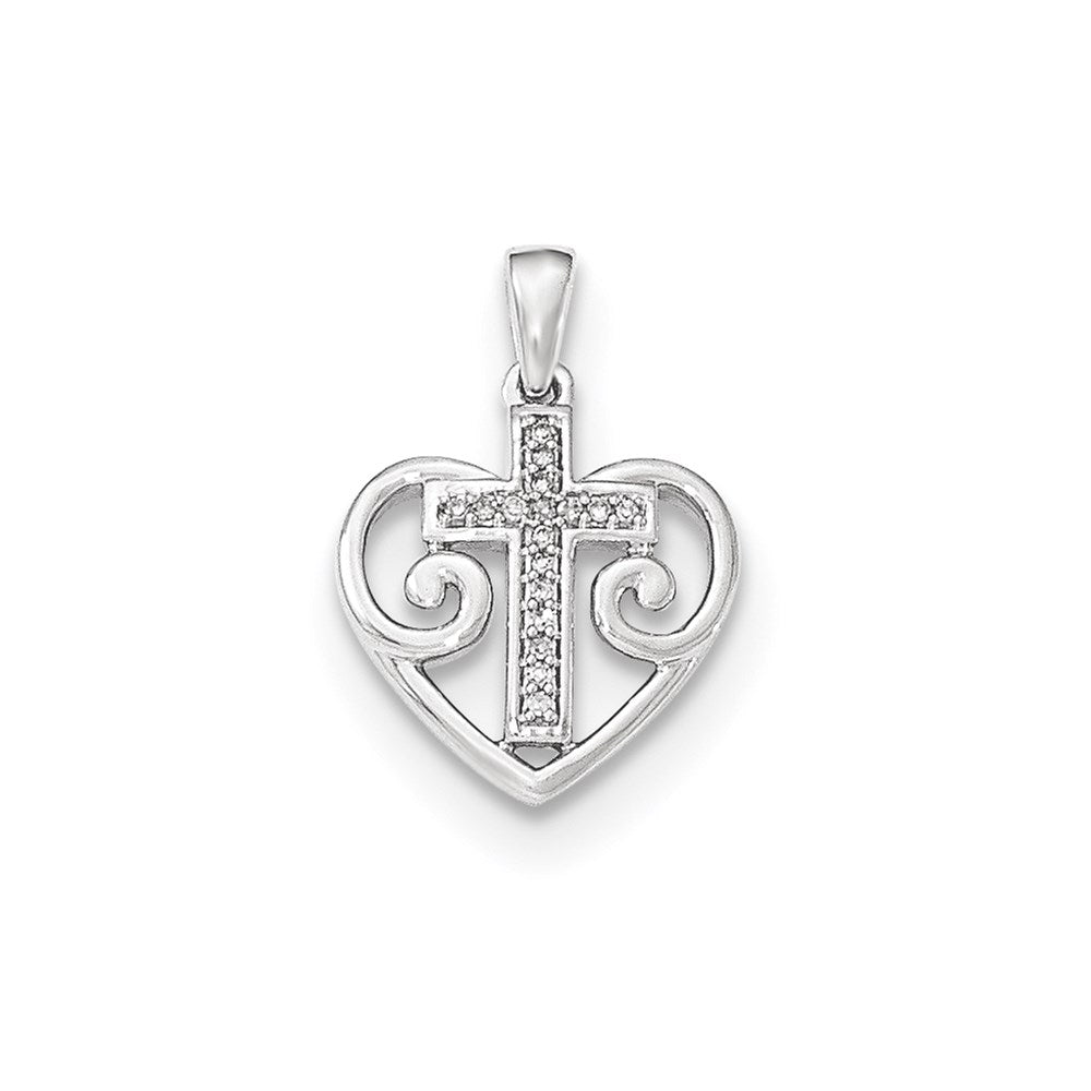 14k White Gold Real Diamond Heart w/Cross Pendant