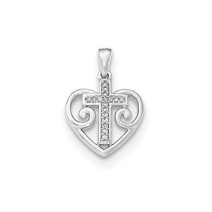14k White Gold Real Diamond Heart w/Cross Pendant