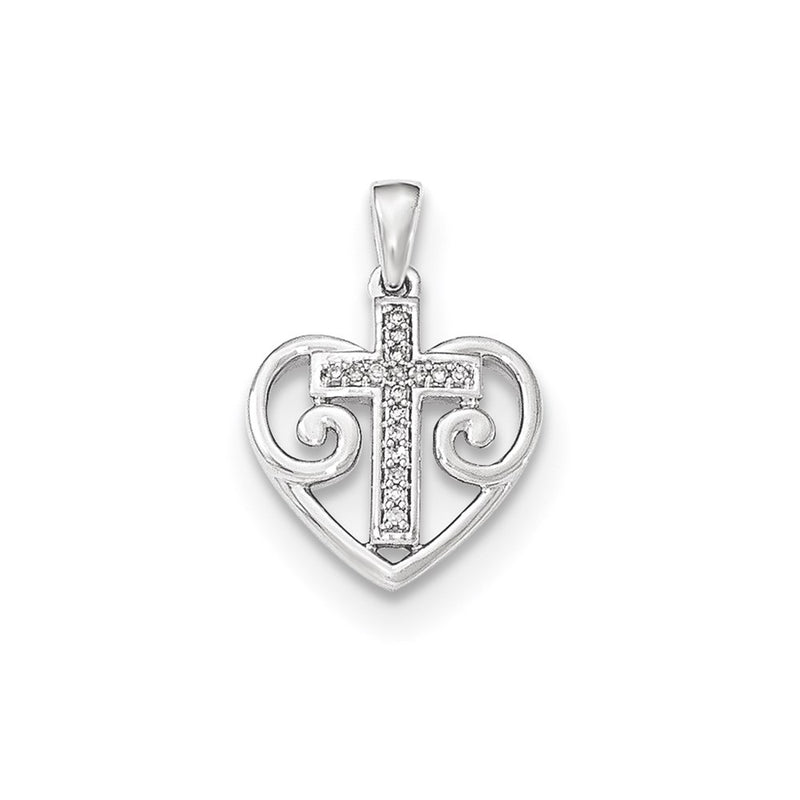 14k White Gold Real Diamond Heart w/Cross Pendant
