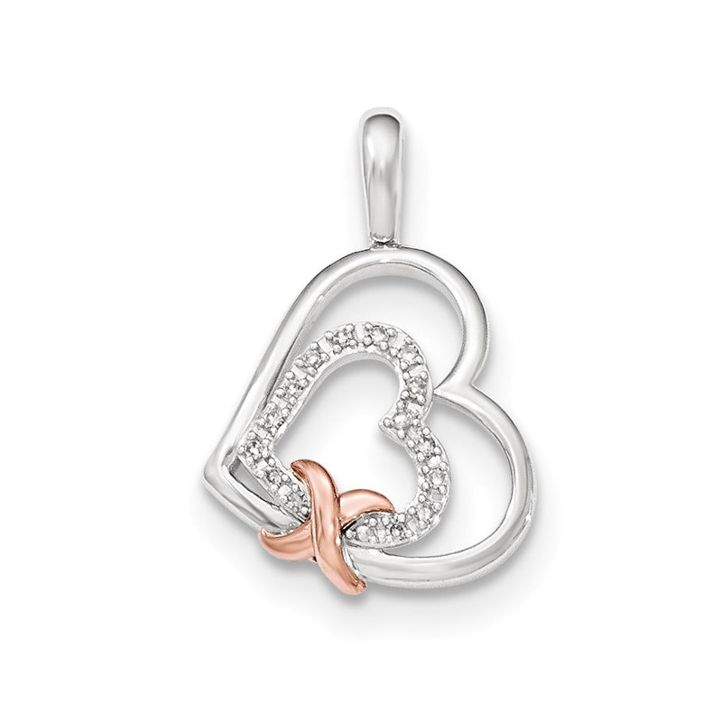 14k White Gold Polished Real Diamond w/ Rose Gold Heart Pendant