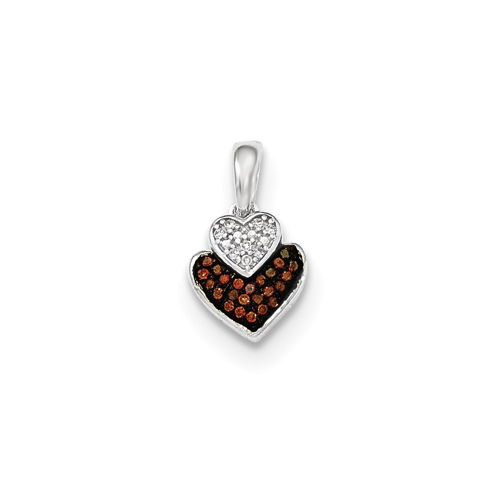 14k White Gold Cognac and White Real Diamond Double Heart Pendant