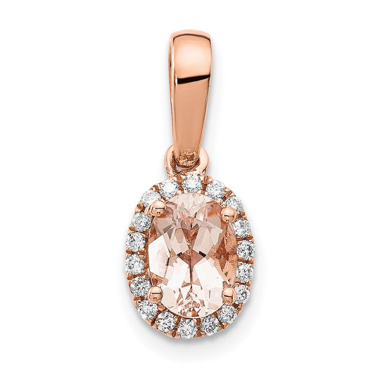 14k Rose Gold Oval Morganite and Diamond Halo Pendant