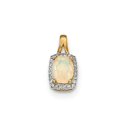 14K Yellow Gold Oval Australian Opal & Real Diamond Rectangle Pendant