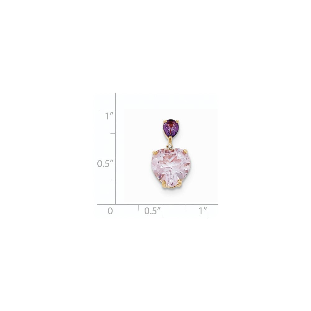 14K Yellow Gold Pink Quartz & Amethyst and Real Diamond Pendant