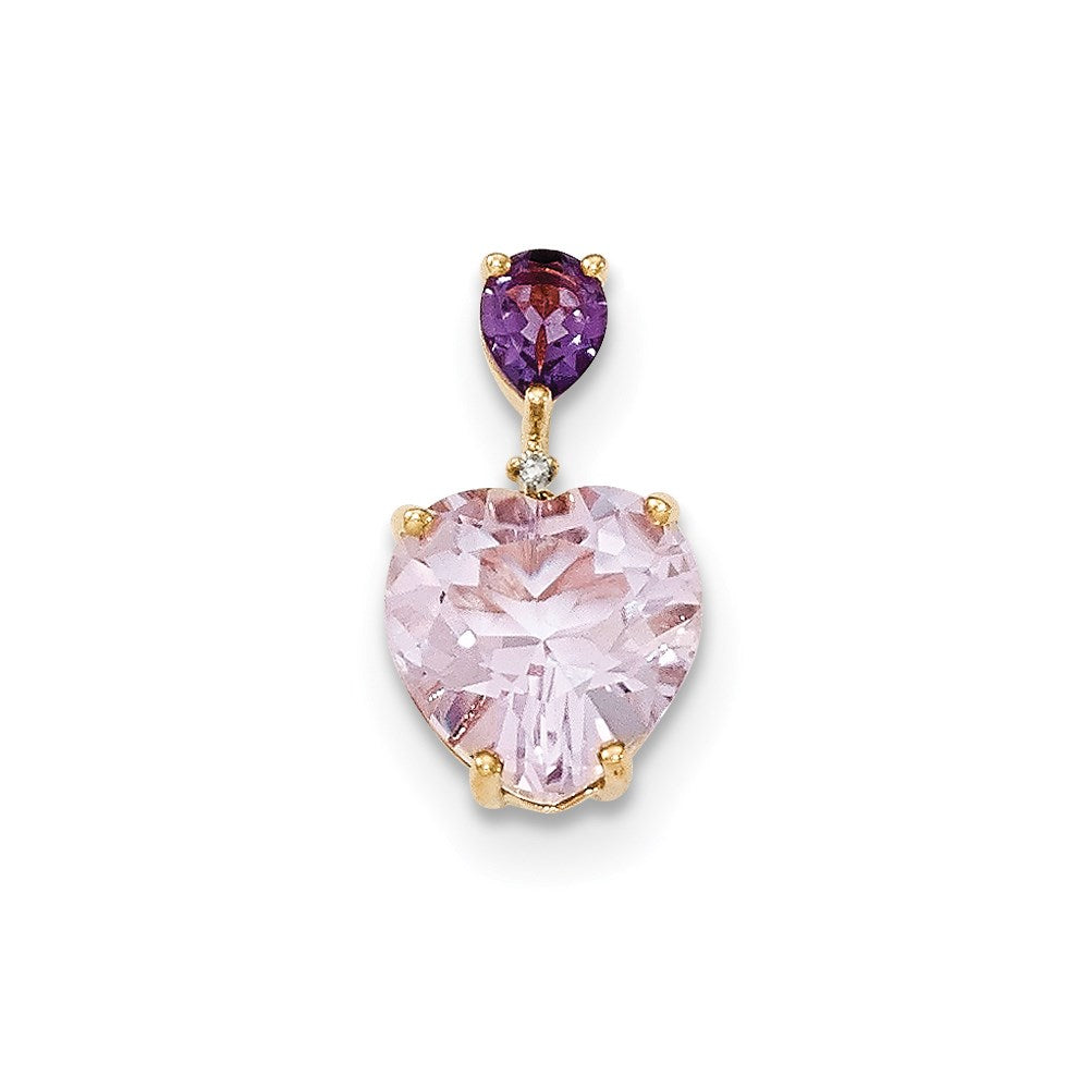 14K Yellow Gold Pink Quartz & Amethyst and Real Diamond Pendant