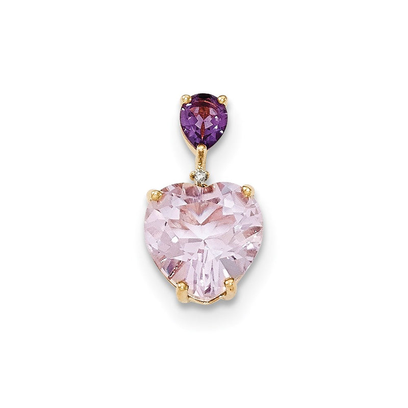14K Yellow Gold Pink Quartz & Amethyst and Real Diamond Pendant