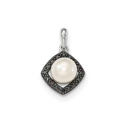 14k White Gold FW Cultured Pearl and Black Real Diamond Pendant