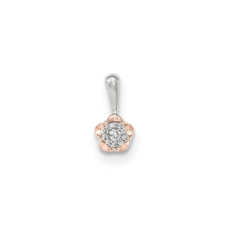 14K White Gold w/Rose Rhodium Real Diamond Flower Pendant