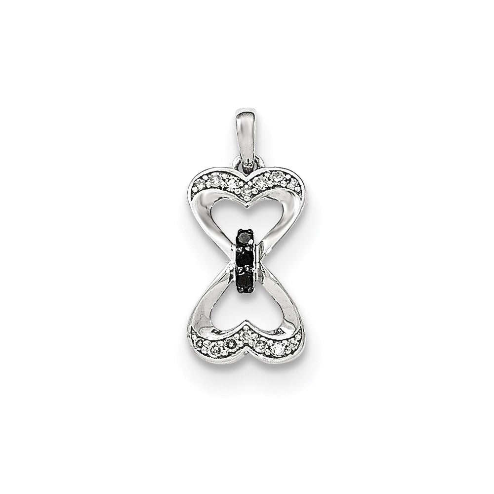 14k White Gold Black and White Real Diamond Double Heart Pendant
