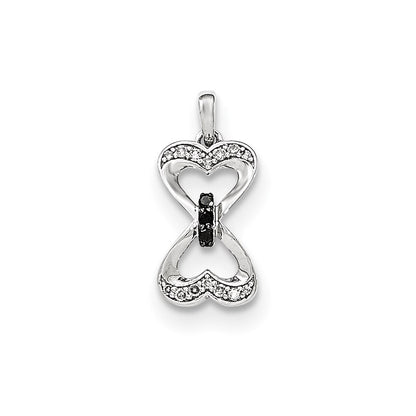 14k White Gold Black and White Real Diamond Double Heart Pendant