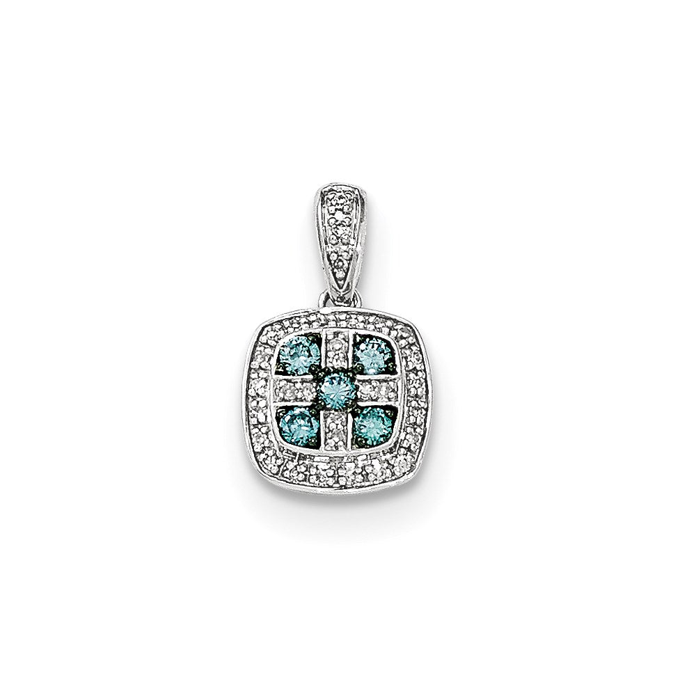 14k White Gold White and Blue Diamond Square Pendant