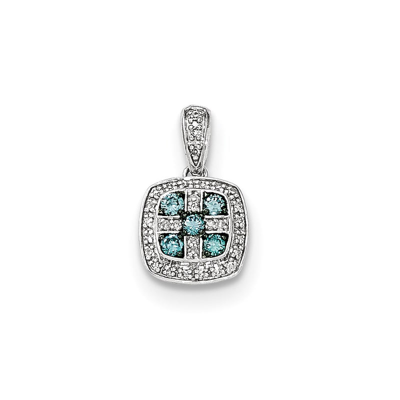 14k White Gold White and Blue Diamond Square Pendant