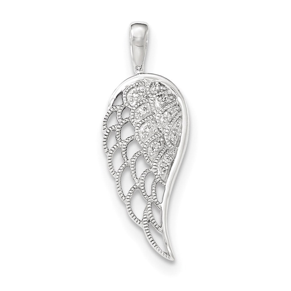 14K White Gold Real Diamond Open-work Wing Pendant