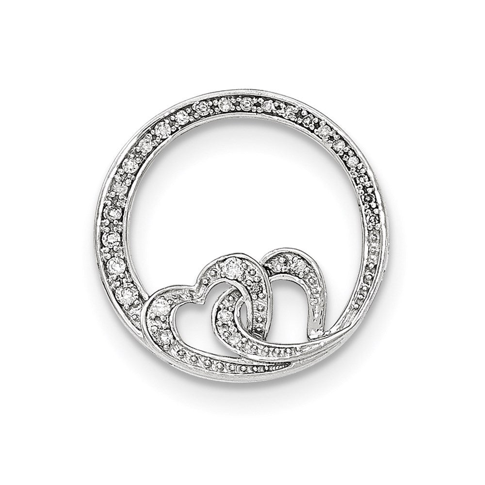 14k White Gold Real Diamond Double Heart Round Chain Slide