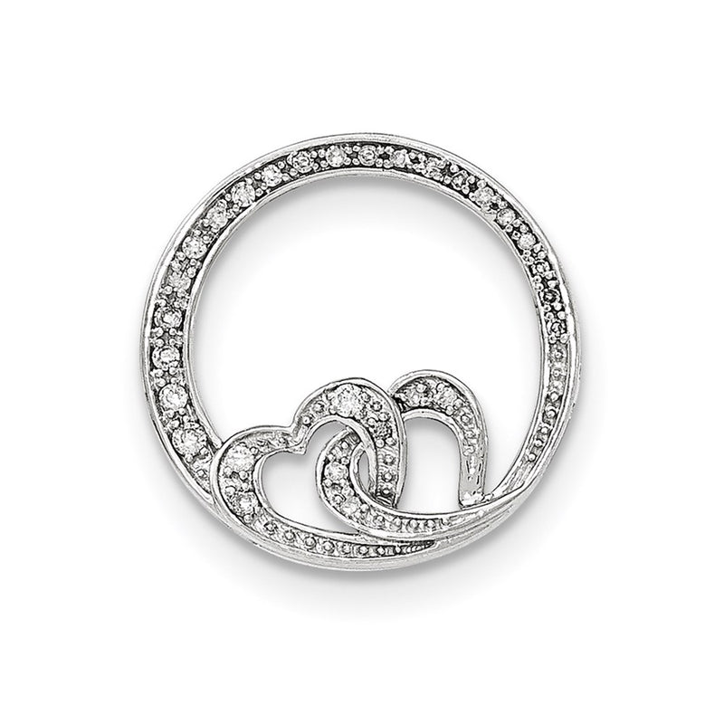 14k White Gold Real Diamond Double Heart Round Chain Slide