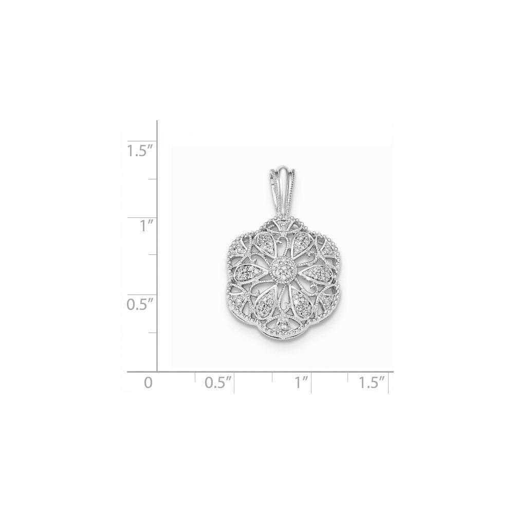 14K White Gold Real Diamond Rounded Filigree Pendant