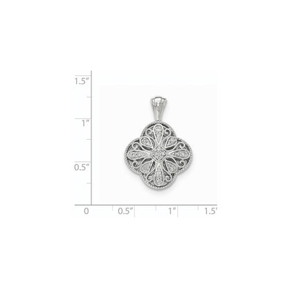 14K White Gold Real Diamond Quatrefoil-shaped Filigree Pendant