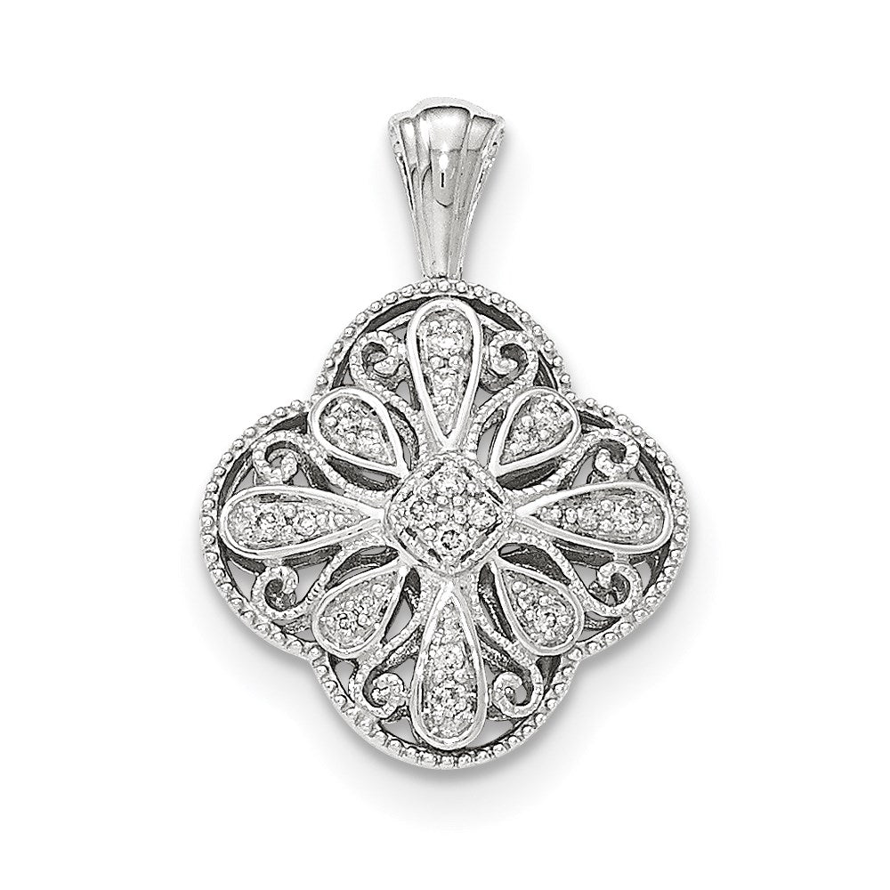 14K White Gold Real Diamond Quatrefoil-shaped Filigree Pendant