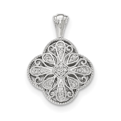 14K White Gold Real Diamond Quatrefoil-shaped Filigree Pendant