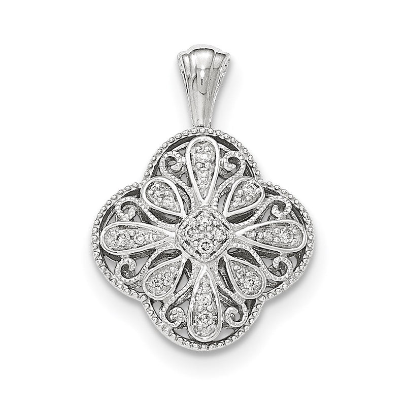 14K White Gold Real Diamond Quatrefoil-shaped Filigree Pendant