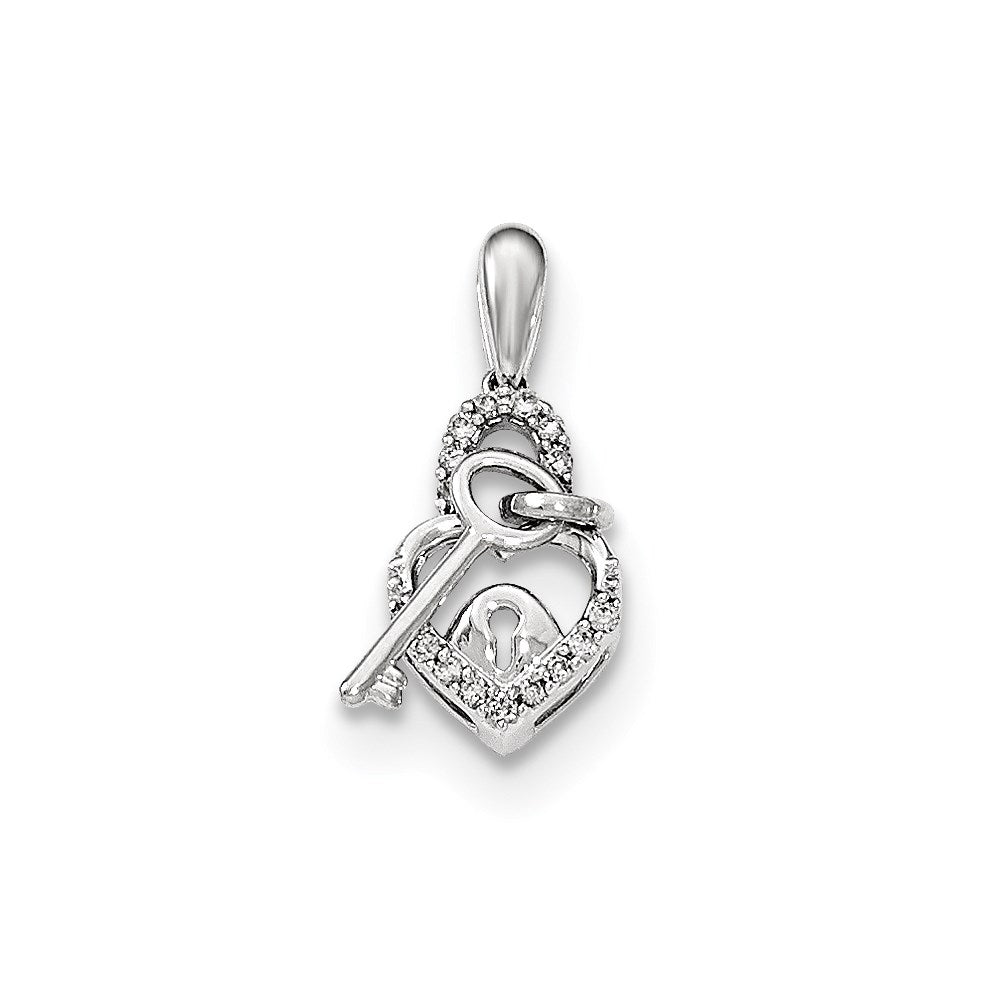 14K White Gold Real Diamond Heart Lock & Key Pendant