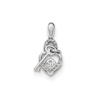 14K White Gold Real Diamond Heart Lock & Key Pendant