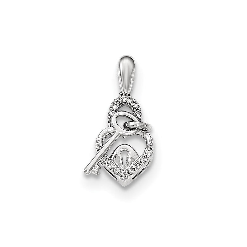 14K White Gold Real Diamond Heart Lock & Key Pendant